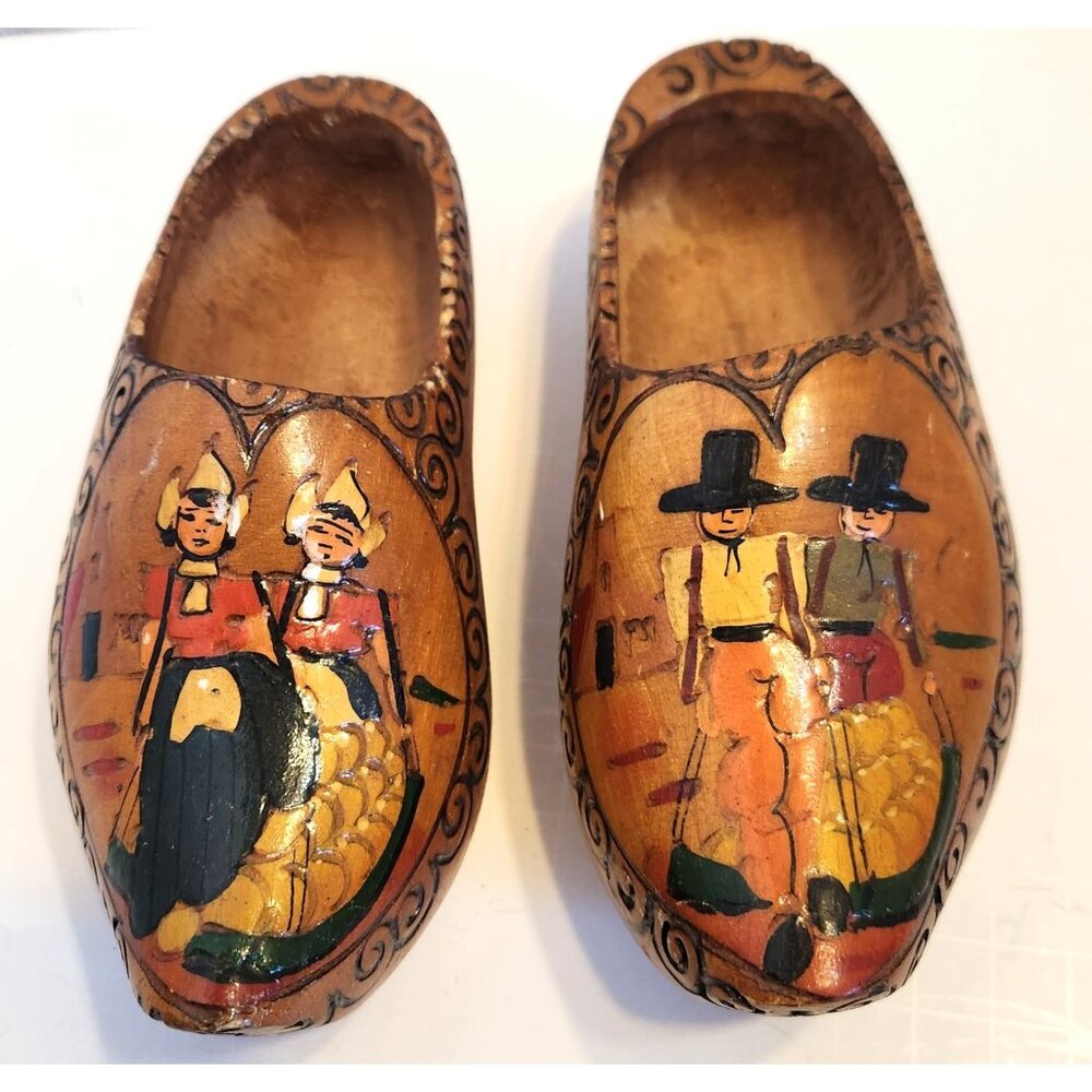 Vintage Hand-Painted Wooden Dutch Clogs Folk Art Scenes Black Swirl Borders READ